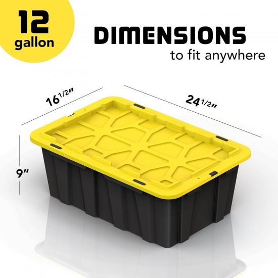 Set of 8 12 Gallon Black Plastic Storage Bins Tote Boxes with Snap Lids Durable