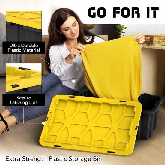Set of 8 12 Gallon Black Plastic Storage Bins Tote Boxes with Snap Lids Durable
