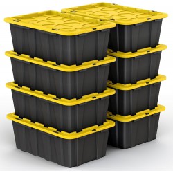 Set of 8 12 Gallon Black Plastic Storage Bins Tote Boxes with Snap Lids Durable