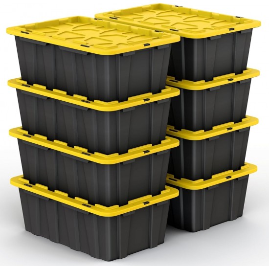 Set of 8 12 Gallon Black Plastic Storage Bins Tote Boxes with Snap Lids Durable