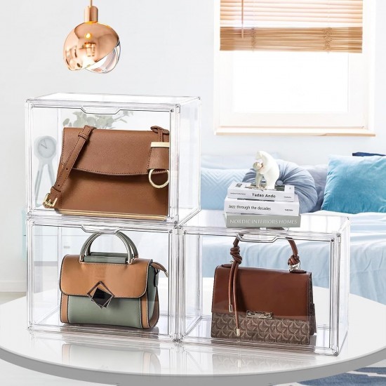4 Packs Clear Plastic Handbag Storage Organizer for Closet Display Box Stackable