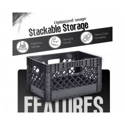 24 QT Milk Crate 3 Pack Heavy Duty Stackable Storage Bin Plastic Black