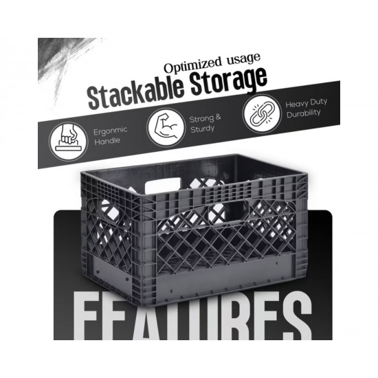24 QT Milk Crate 3 Pack Heavy Duty Stackable Storage Bin Plastic Black