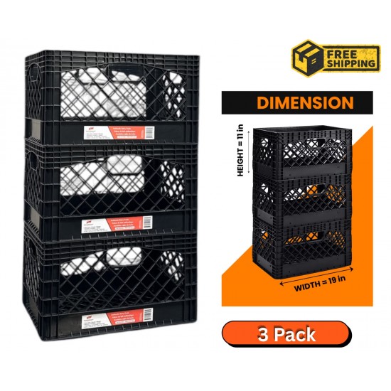 24 QT Milk Crate 3 Pack Heavy Duty Stackable Storage Bin Plastic Black