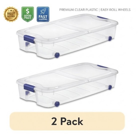 2 Pack 66 QT Underbed Storage Bin with Wheels & Latching Lid