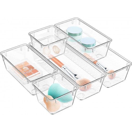 6 Pack Clear Drawer Organizer Set, Drawer Storage Trays, Storage Bins