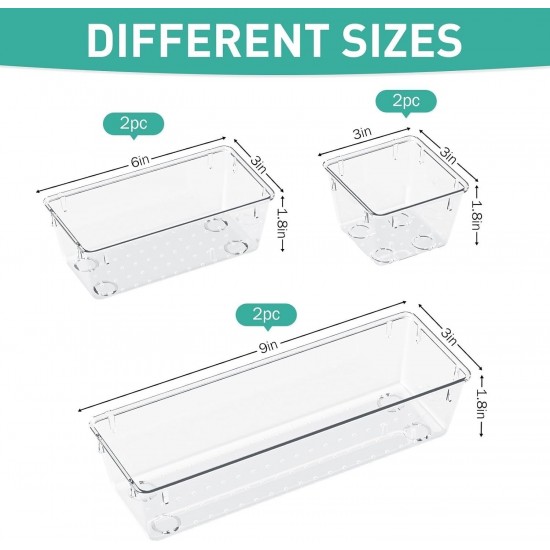 6 Pack Clear Drawer Organizer Set, Drawer Storage Trays, Storage Bins