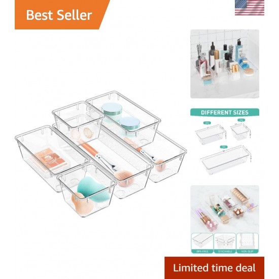 6 Pack Clear Drawer Organizer Set, Drawer Storage Trays, Storage Bins