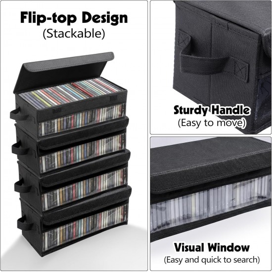 CD Storage Box, CD Case Holder with Handles, 14.17×6.3×5.51 in Lid and Clear Wind