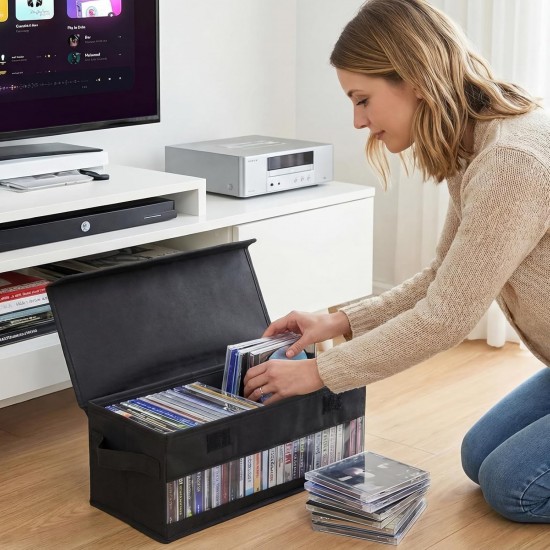 CD Storage Box, CD Case Holder with Handles, 14.17×6.3×5.51 in Lid and Clear Wind