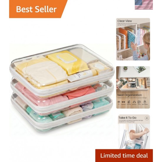 3 Pack Large White Clear Hard Shell Zipper Case, Clear Storage Organizer Bins