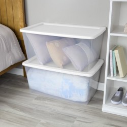 90 Quart Large Storage, Clear Plastic Storage Container with Snap-On Lid, White