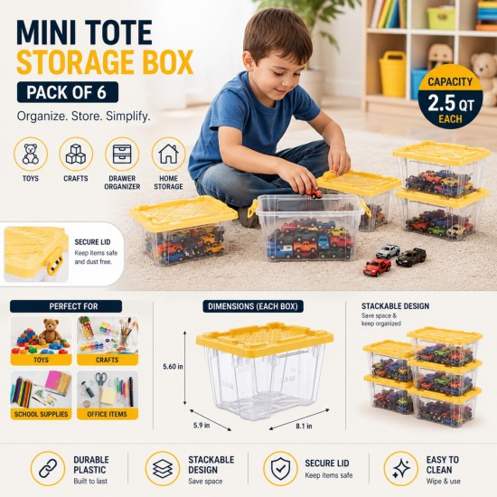 6 Pack Mini Plastic Storage Tote Boxes Lids 2.5 QT Clear Organizer Bin Stackable