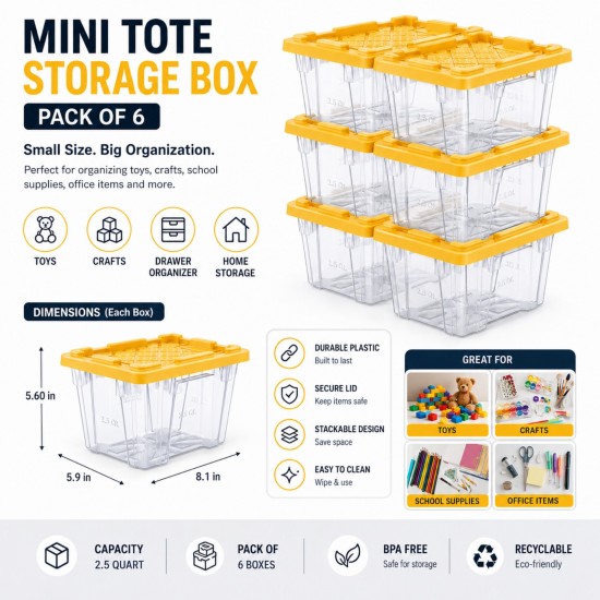 6 Pack Mini Plastic Storage Tote Boxes Lids 2.5 QT Clear Organizer Bin Stackable