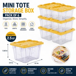 6 Pack Mini Plastic Storage Tote Boxes Lids 2.5 QT Clear Organizer Bin Stackable