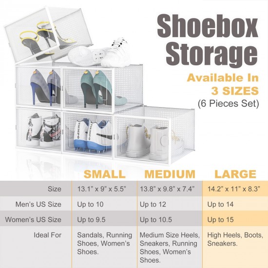 6 Pack Large Stackable Plastic Shoe Box Storage Organizer Transparent Case