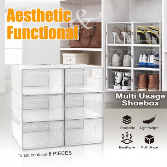 6 Pack Large Stackable Plastic Shoe Box Storage Organizer Transparent Case