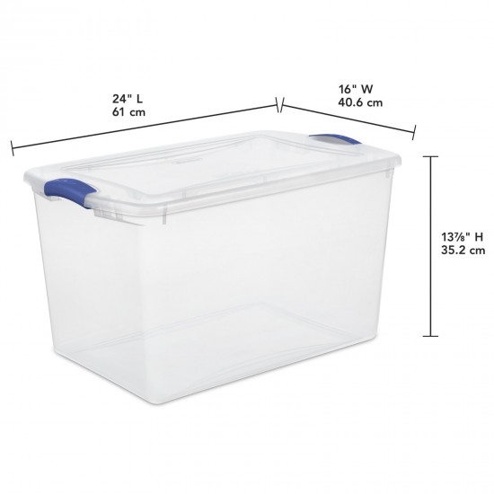 Large Storage Bin 66 Quart Clear Plastic Container with Latching Lid Blue