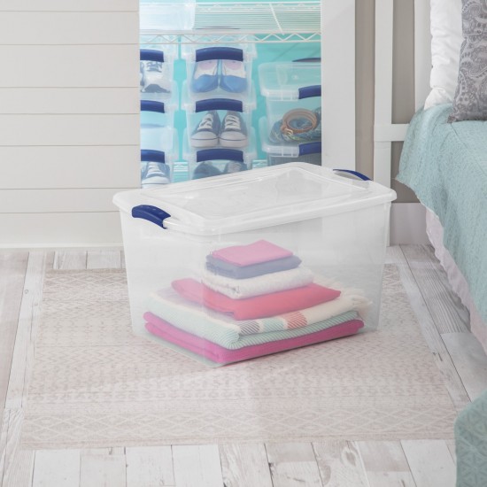 Large Storage Bin 66 Quart Clear Plastic Container with Latching Lid Blue