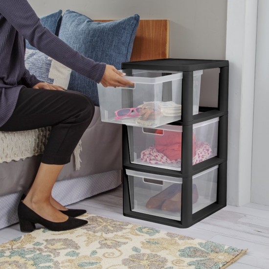 3 Drawer Tower Plastic Storage Organizer with Removable Clear Bins, Easy