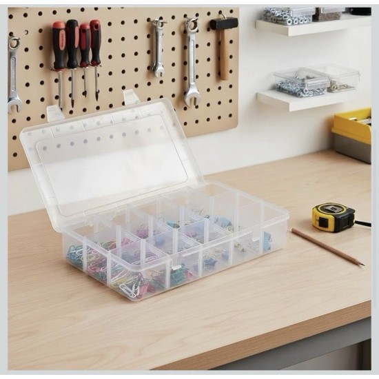 Plastic Organizer Box with Dividers, 15 Large Grids 2Pk Clear Comp 10.5x7x1.5