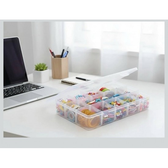 Plastic Organizer Box with Dividers, 15 Large Grids 2Pk Clear Comp 10.5x7x1.5