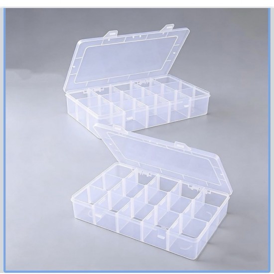 Plastic Organizer Box with Dividers, 15 Large Grids 2Pk Clear Comp 10.5x7x1.5